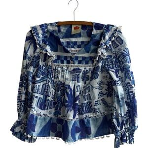 FARM Rio Blue and White Patterned Blouse